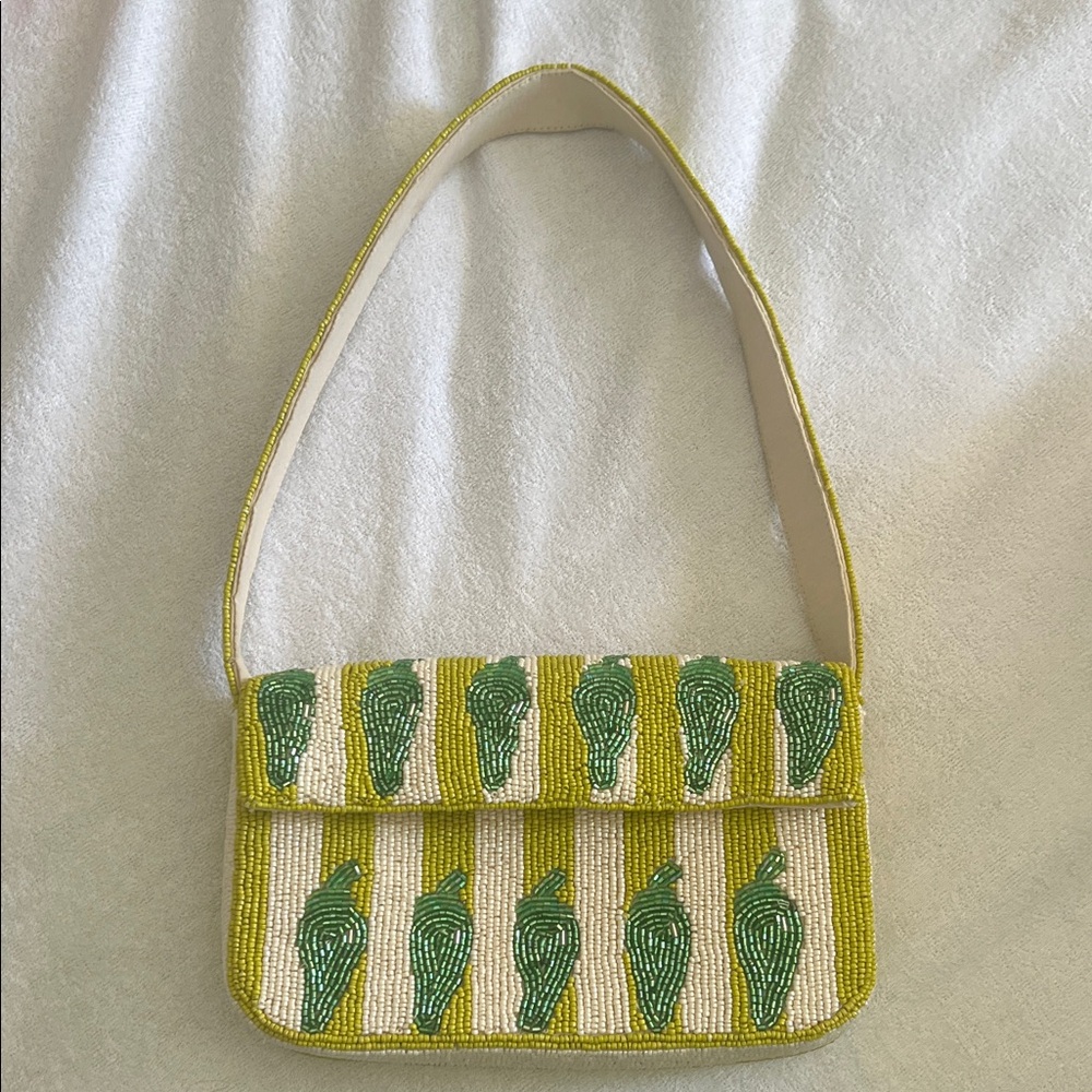 Anthropologie Fiona Green and Cream Beaded Handbag NWOT